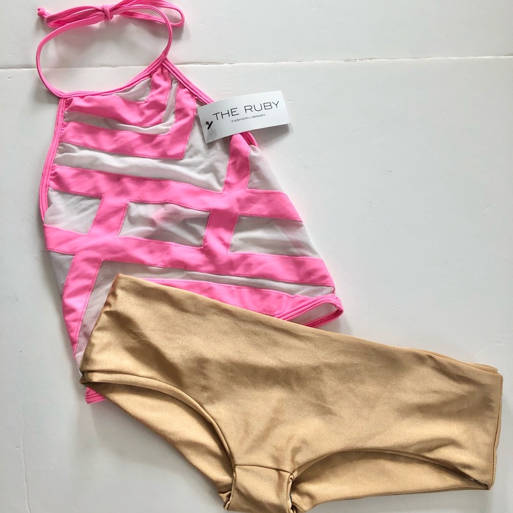 Lee + Lani Two piece Bikini Swimsuit Mesh Inserts Pink and Nude Extra Smal